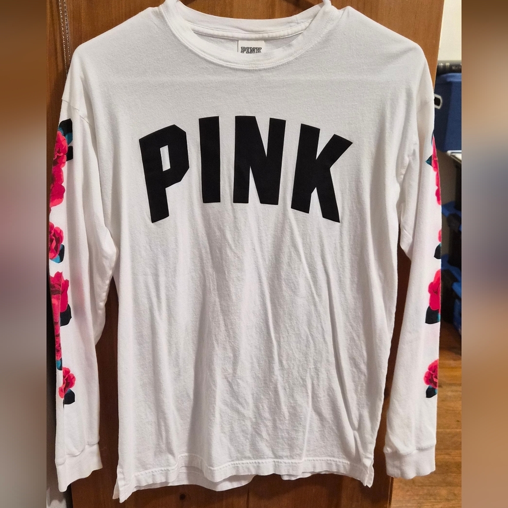 PINK Victoria's Secret XS Long Sleeve Tee - White with Floral Sleeves